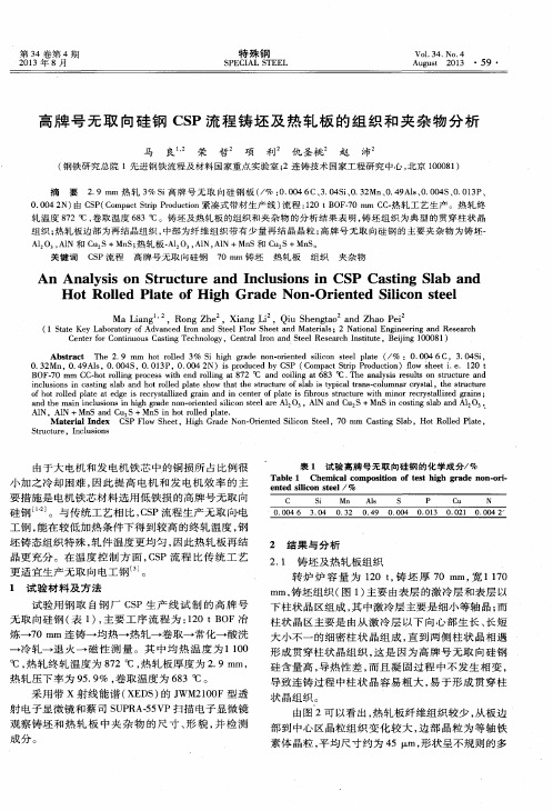 高牌号无取向硅钢CSP流程铸坯及热轧板的组织和夹杂物分析