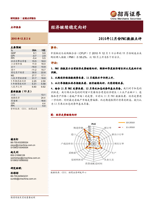 经济继续稳定向好,2010年11月份PMI数据点评