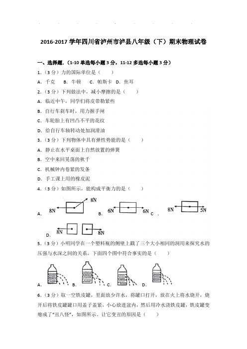 2016-2017年四川省泸州市泸县八年级下学期期末物理试卷和答案