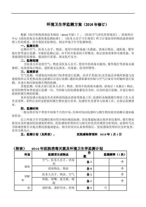 2016年医院环境卫生学监测制度及计划