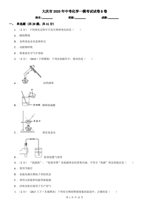 大庆市2020年中考化学一模考试试卷B卷