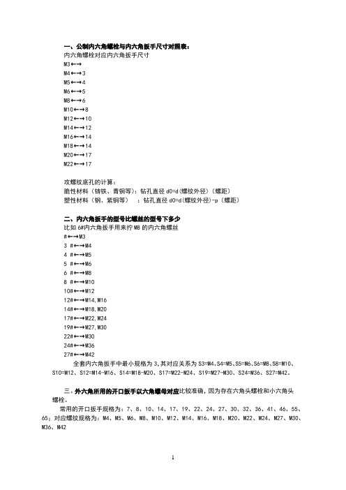 扳手和螺母对照表(参考资料)