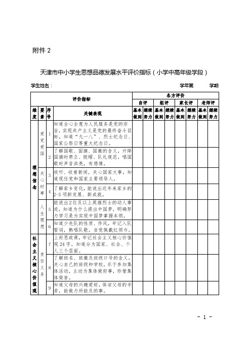 天津市中小学生思想品德发展水平评价指标(小学中高年级学段)