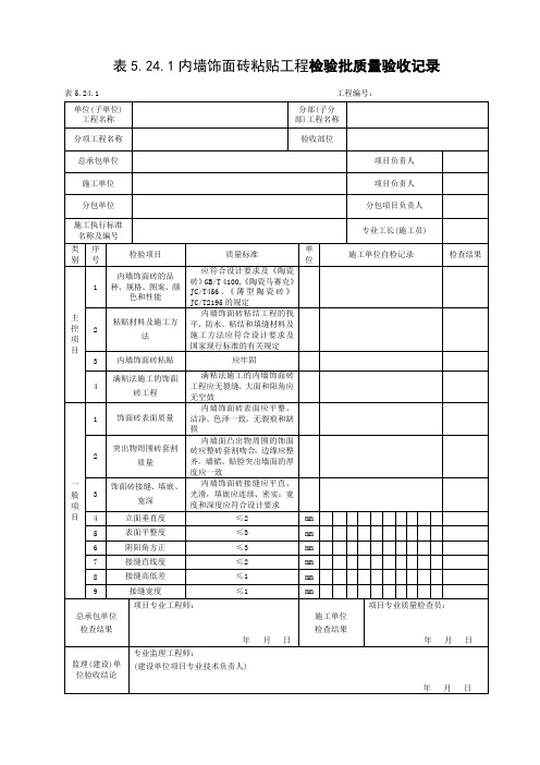 内墙饰面砖粘贴工程检验批质量验收记录