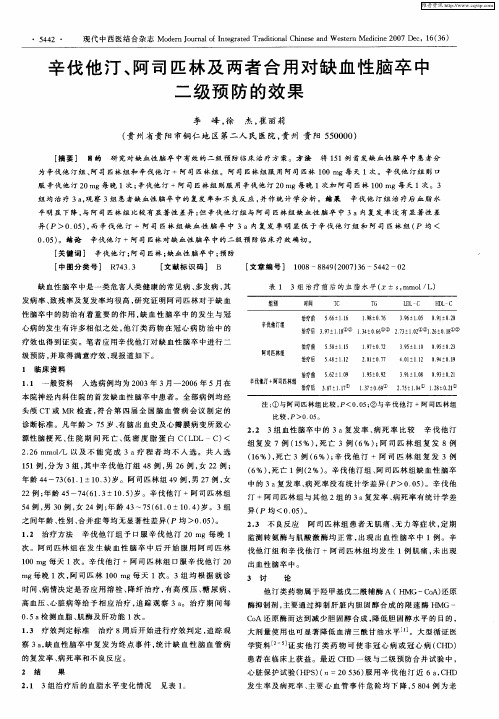 辛伐他汀、阿司匹林及两者合用对缺血性脑卒中二级预防的效果