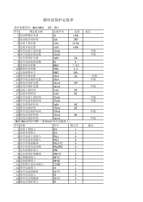 10KV电机保护定值单