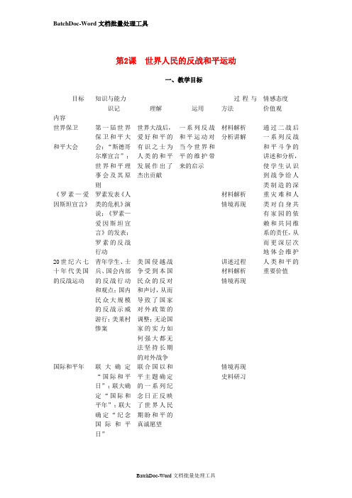 高中历史 6.2《世界人民的反战和平运动》教师用书 选修3