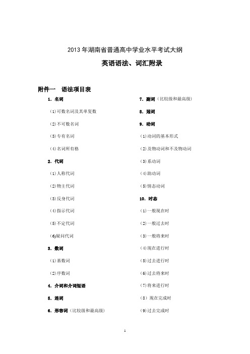 2013年湖南省普通高中学业水平考试大纲英语语法、词汇附录