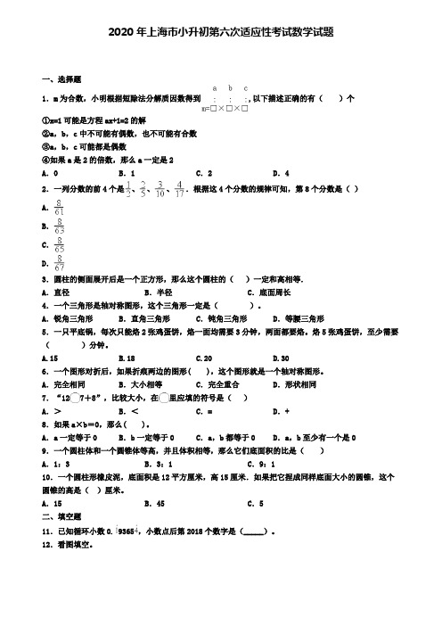 2020年上海市小升初第六次适应性考试数学试题