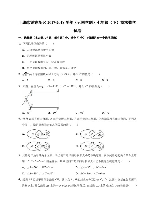 上海市浦东新区2017-2018学年度(五四学制)七年级(下)期末数学试卷(解析版)