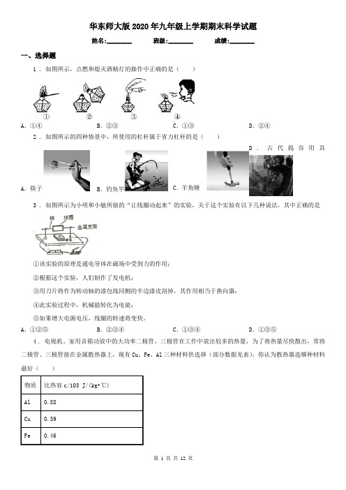 华东师大版2020年九年级上学期期末科学试题