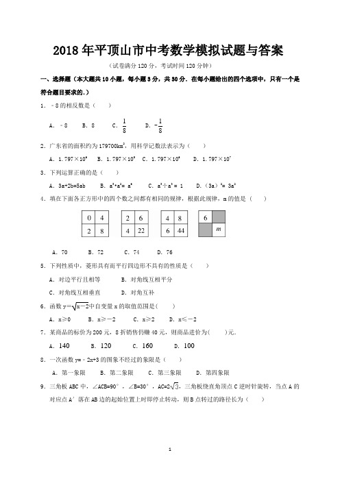 2018年平顶山市中考数学模拟试题与答案