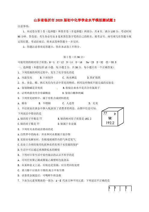 山东省临沂市2020届初中化学学业水平模拟测试题2(无答案)