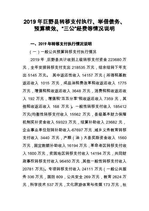 2019年巨野县转移支付执行、举借债务、预算绩效、三公