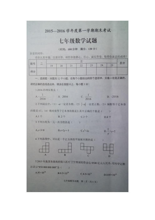 山东枣庄市山亭区15—16学年上学期七年级期末考试数学试题(扫描版)(附答案)
