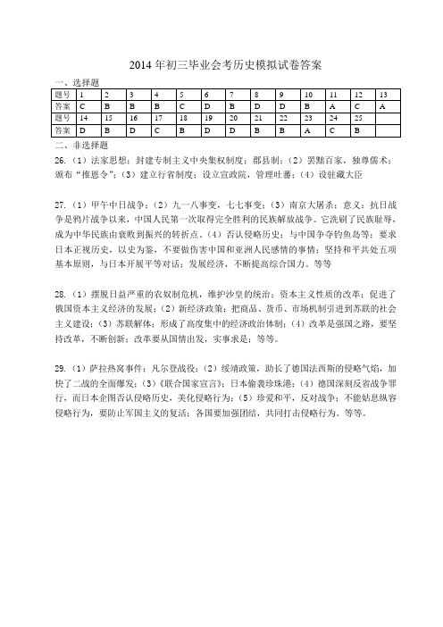 2014年初三毕业会考历史模拟试卷答案