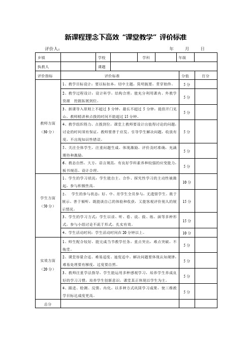 新课程理念下高效“课堂教学”评价标准表