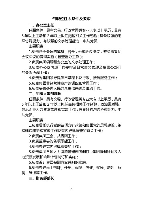 公司各职位任职条件及要求