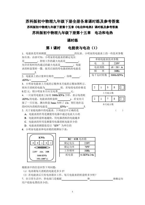 苏科版初中物理九年级下册全册各章课时练及参考答案