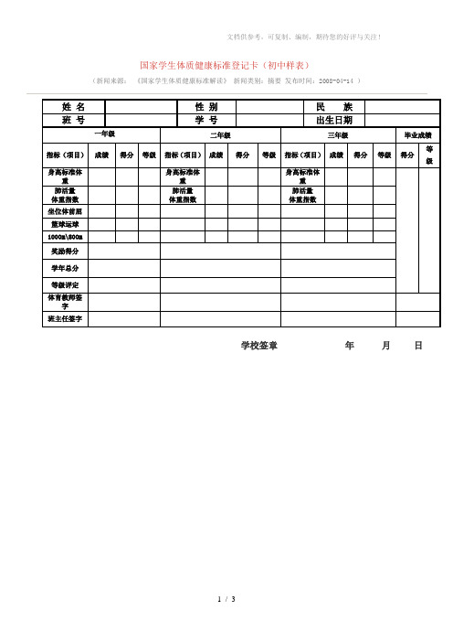 国家学生体质健康标准登记卡(初中样表)