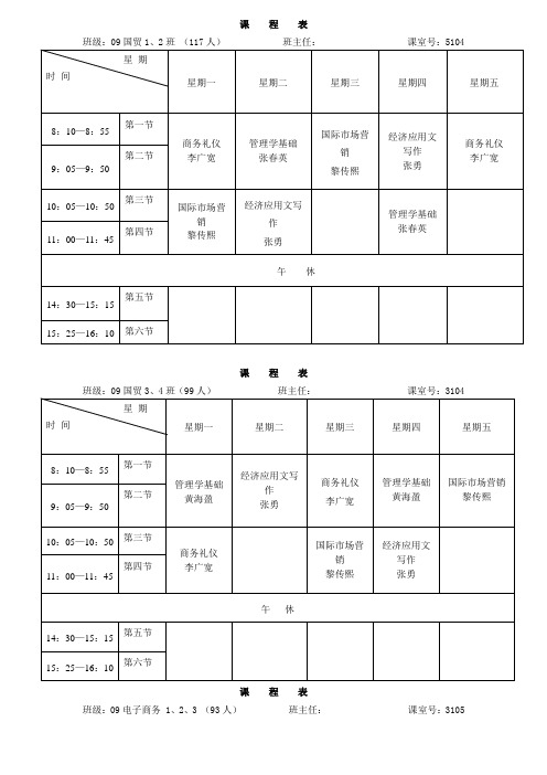 学第一学期经济系各班级课程表