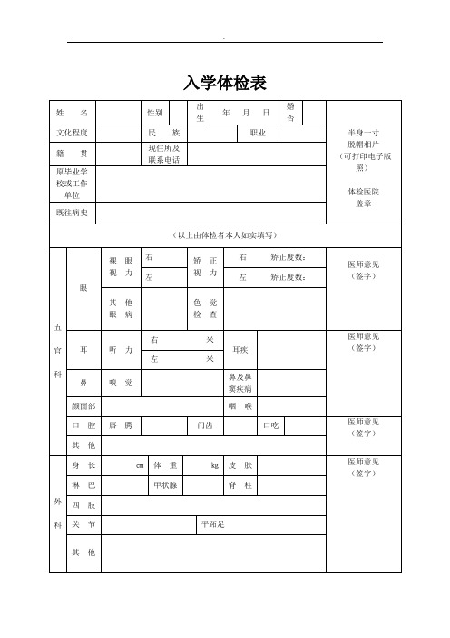 大学生入学体检表(1)精选范文