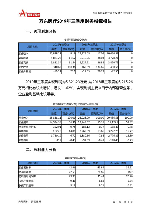 万东医疗2019年三季度财务指标报告