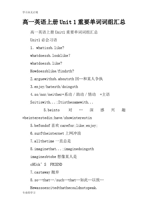 高一英语上册Unit 1重要单词词组汇总