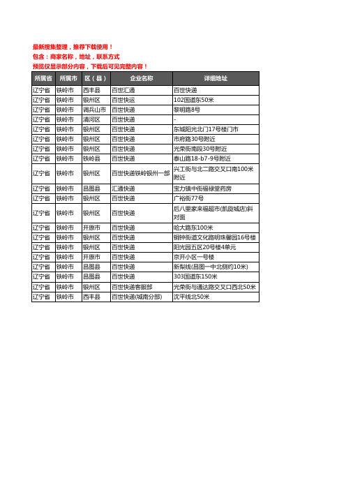 新版辽宁省铁岭市百世汇通企业公司商家户名录单联系方式地址大全20家
