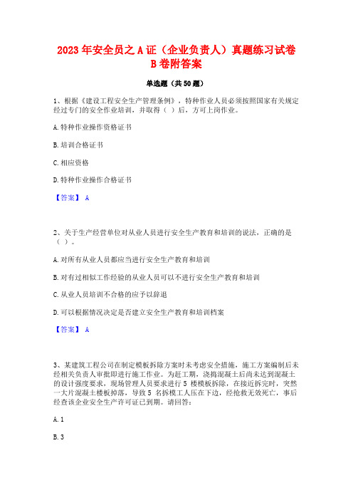 2023年安全员之A证(企业负责人)真题练习试卷B卷附答案