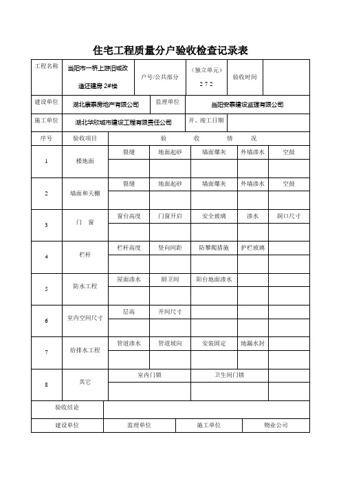住宅工程质量分户验收检查记录表