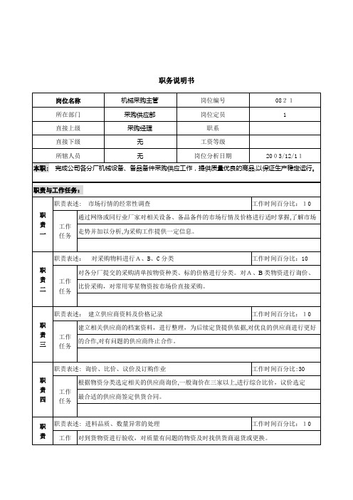 北大纵横-新丰化纤项目组机械采购主管职务说明书