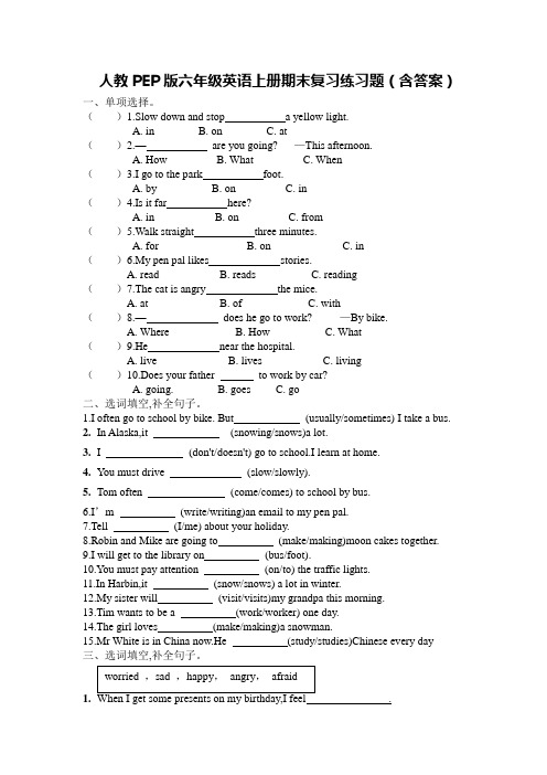人教PEP版六年级英语上册期末复习练习题(含答案)