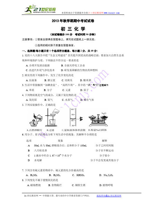 2013化学上册期中试卷
