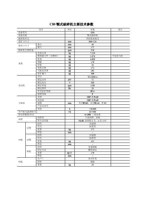 C80颚式破碎机主要技术参数