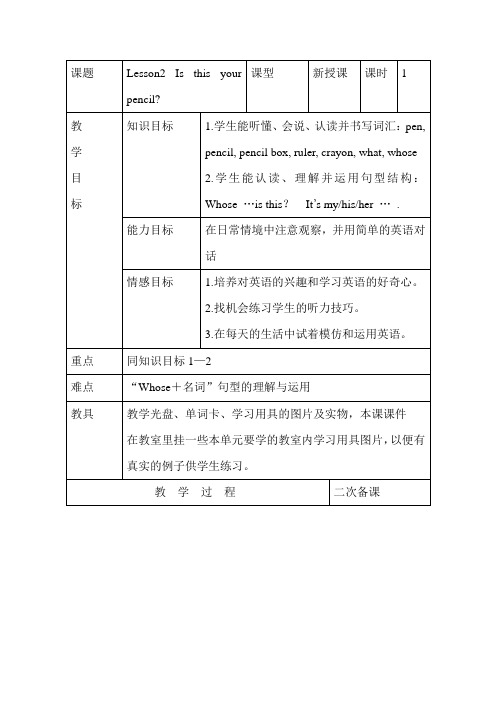 冀教版四年级下册英语教案：Unit 1 Lesson2 Is this your pencil