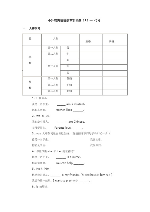 小学英语人称代词、物主代词讲解和习题练习