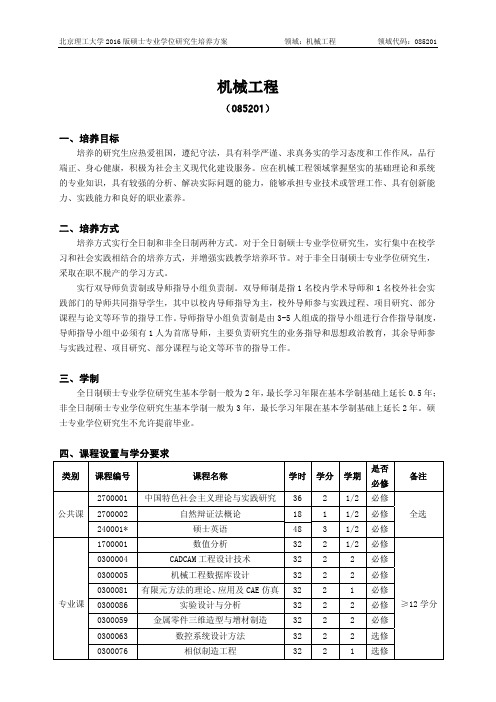 北京理工大学-2016版专业学位硕士研究生培养方案(2017年修订)-机械工程