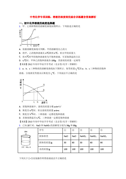 中考化学专项训练：溶液的浓度培优综合训练题含答案解析