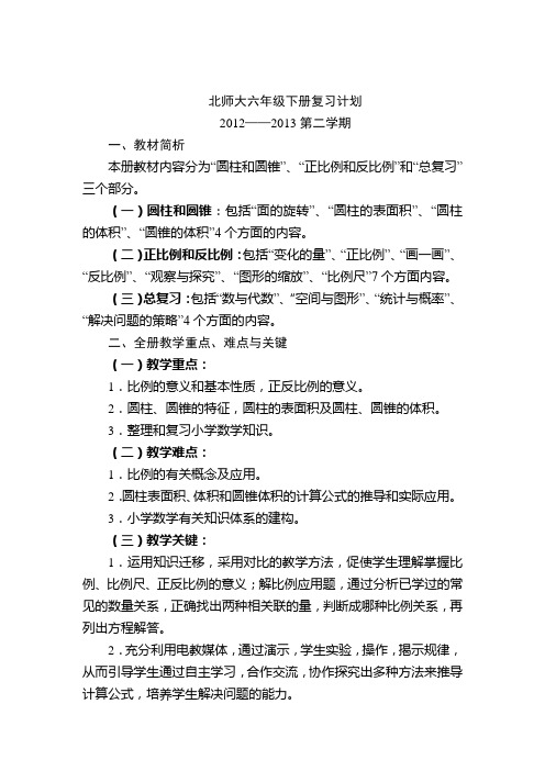 北师大六年级下册复习计划