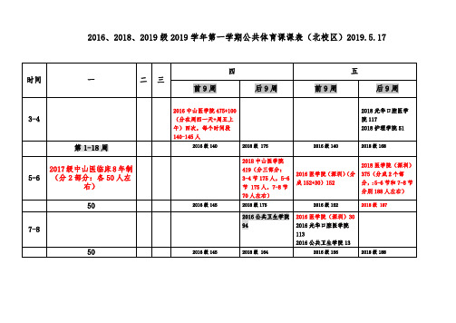 2016、2018、2019级2019学年第一学期公共体育课课表(北