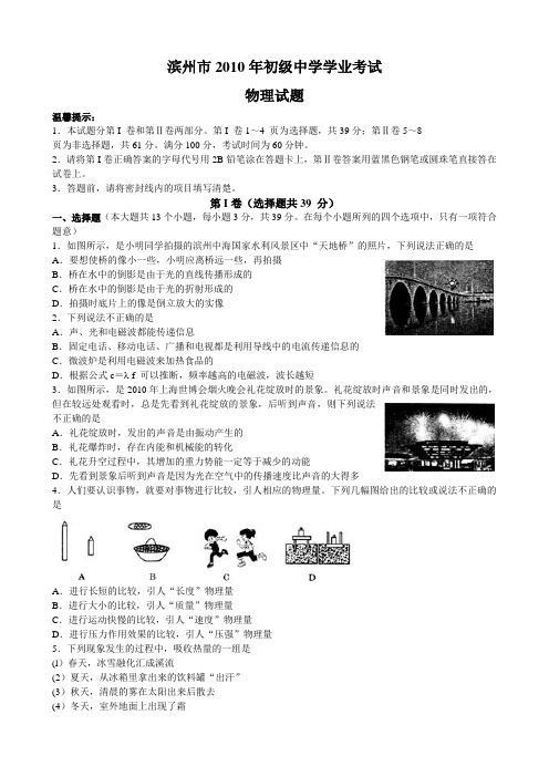 2010年山东省滨州市中考物理试题含答案(word)