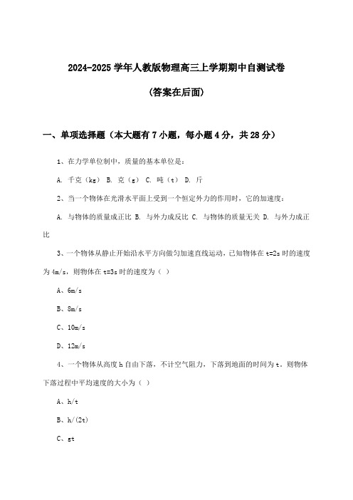 人教版物理高三上学期期中试卷及解答参考(2024-2025学年)