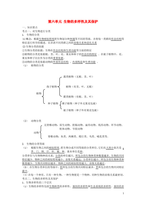 中考生物 第六单元 生物的多样性及其保护复习知识要点