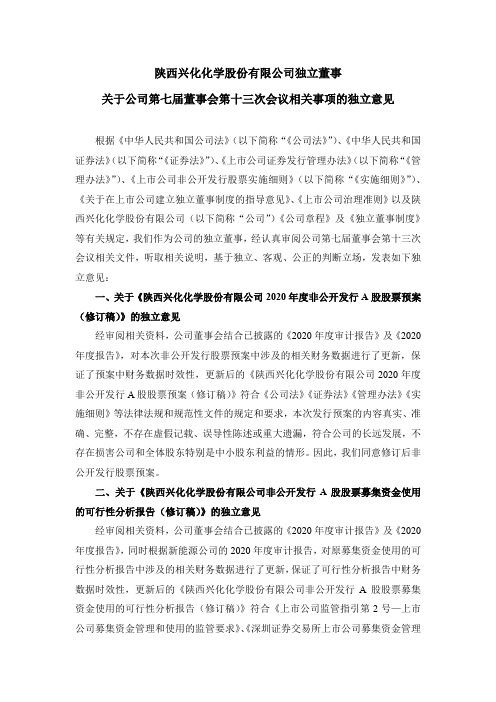 002109兴化股份：独立董事关于公司第七届董事会第十三次会议相关事项的独立意见