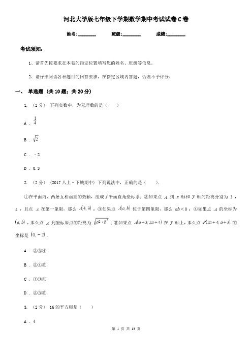 河北大学版七年级下学期数学期中考试试卷C卷新版