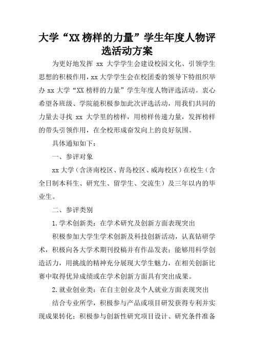 大学“XX榜样的力量”学生年度人物评选活动方案