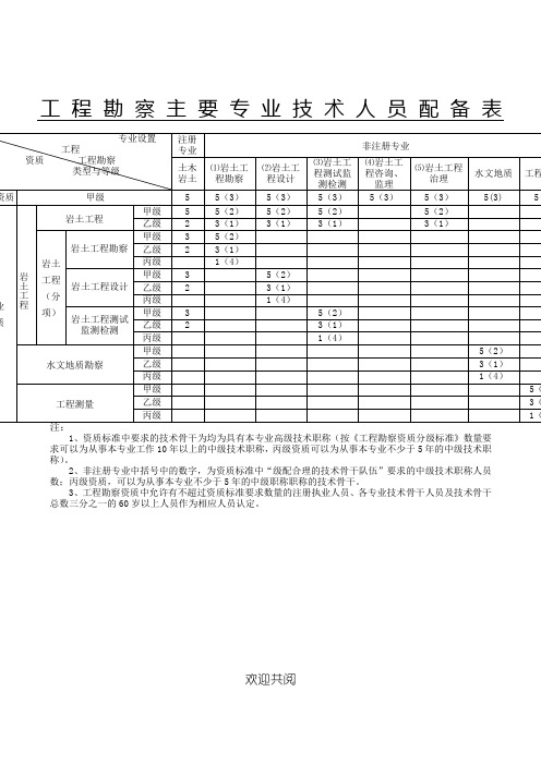 工程勘察行业主要专业技术经验人员配备表格模板
