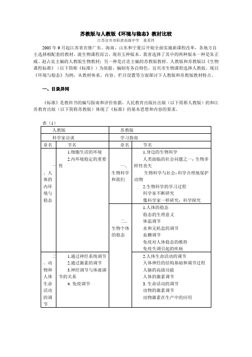 苏教版与人教版《环境与稳态》教材比较