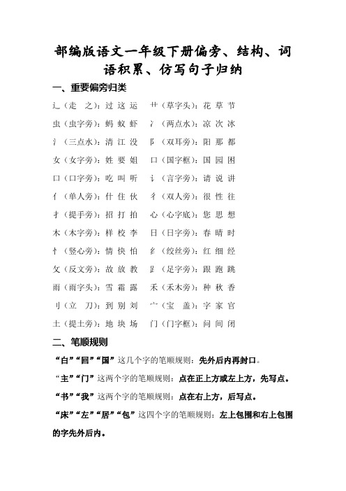 小学一年级语文：偏旁部首、结构组词、日积月累、句型句式考点归纳